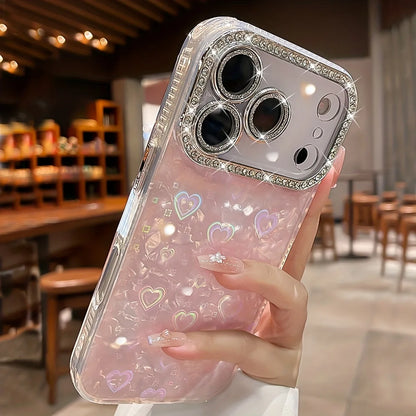 Funda de teléfono con patrón de carcasa láser de amor de cristal brillante elegante para iphone 17 Air 16 15 14 Plus 13 12 Pro Max cubierta de película de lente suave.