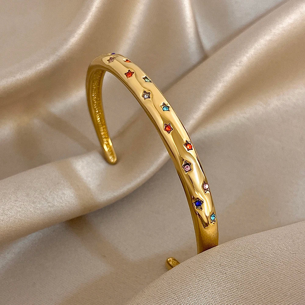 New Gold Plated Stainless Steel Bracelet with Colorful Rhinestone Inlays, Luxury Open Bangles, Bracelets for Women and Men, Jewelry