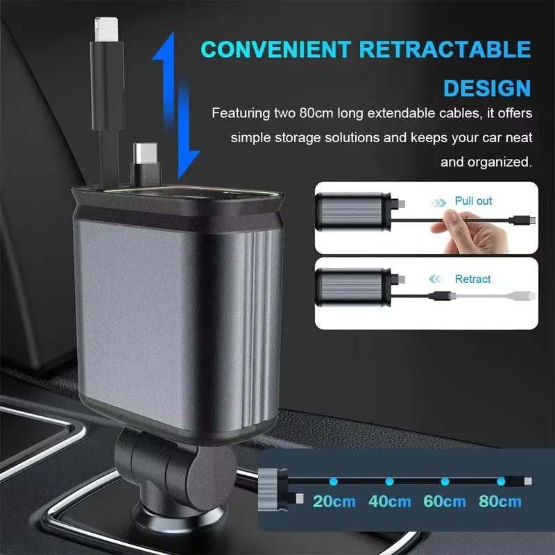 ZRGAE 4-in-1 Car Charger with Starry Sky Projector, Retractable Car Charger with Charging Cable and 2 Universal Charging Ports