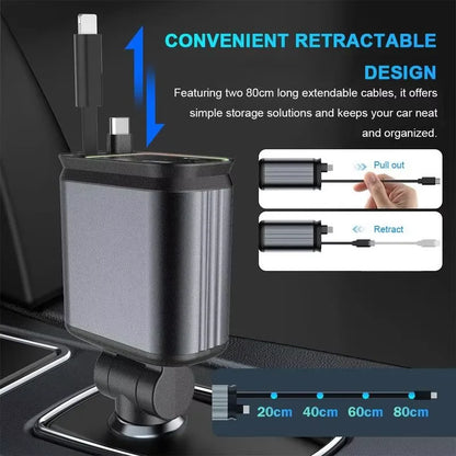 ZRGAE 4-in-1 Car Charger with Starry Sky Projector, Retractable Car Charger with Charging Cable and 2 Universal Charging Ports
