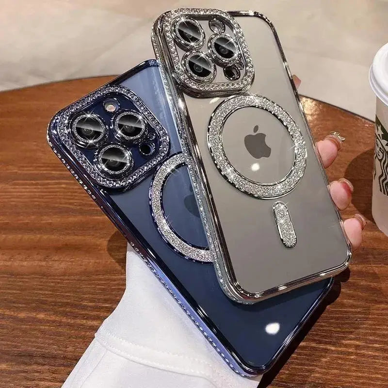 Funda de película de lente de cristal ostentoso de lujo para iPhone 15 16 11 12 13 14 Pro Max 16 Plus Magsafe cubierta transparente de carga inalámbrica magnética