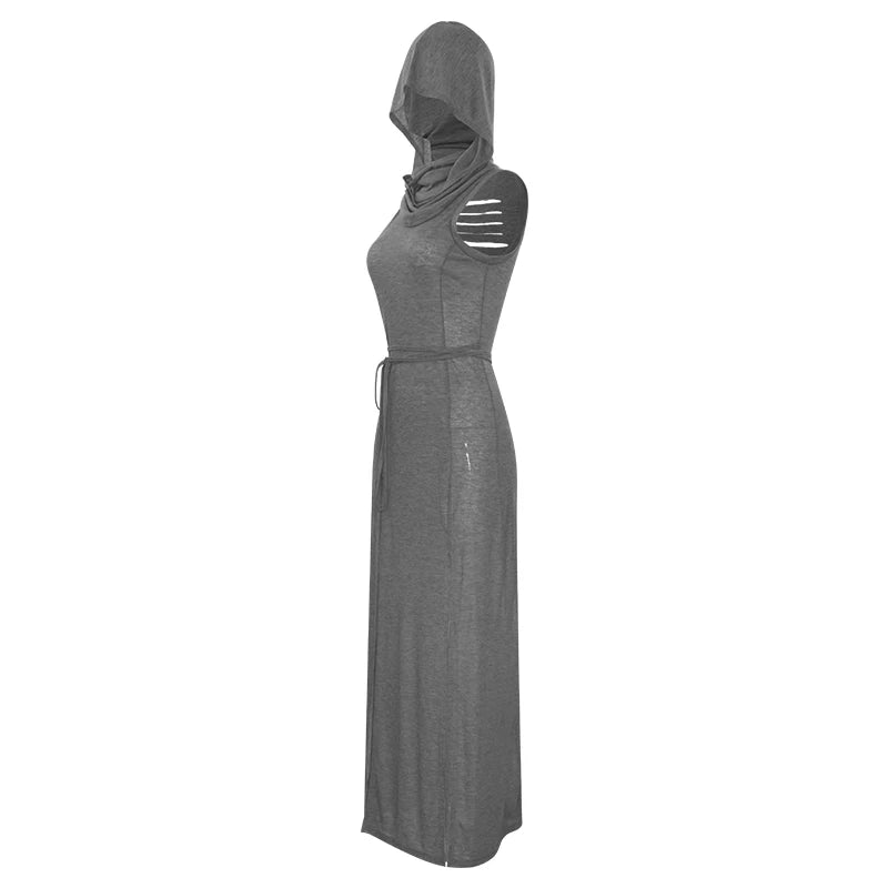 Verano Sexy estilo europeo y americano sin mangas vestido con capucha largo dividido ahueca hacia fuera el vestido de las mujeres de Color puro