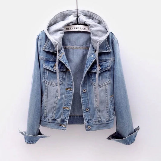 Women's Cropped Denim Jacket, Spring Autumn Korean Style New Long-Sleeved Hooded Slim Jacket, Soften Your Silhouette