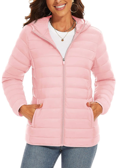 TACVASEN Chaqueta acolchada con capucha y cremallera completa para mujer, abrigos cálidos acolchados de invierno, cortavientos informal, prendas de vestir ligeras acolchadas para exteriores