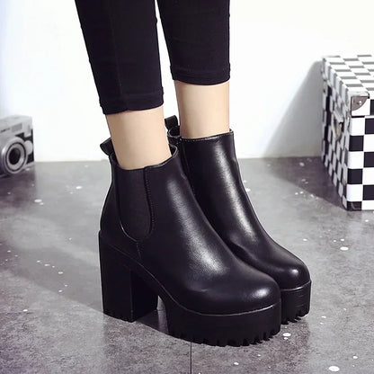 Botas de tacón cuadrado para Mujer, Zapatos con plataforma, de cuero PU, hasta el muslo, para motocicleta
