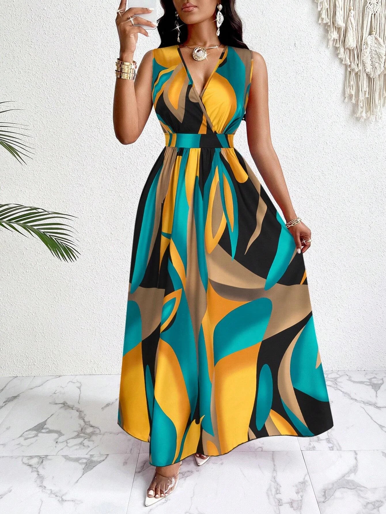 Vestido largo de mujer con estampado tropical, cuello en V, sección de cintura, tejido por cable y corte acampanado