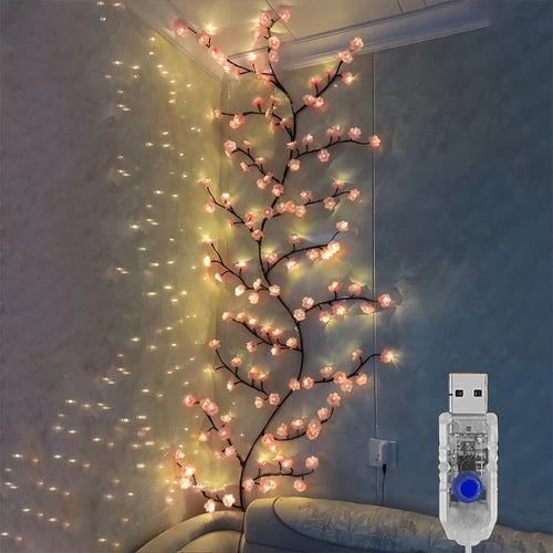 USB Wall Mounted LED Branch Lights, Cherry Blossom Vine Lights, 72 LED, 8 Modes for Indoor Holiday Decoration, Walls, Doors, and Windows