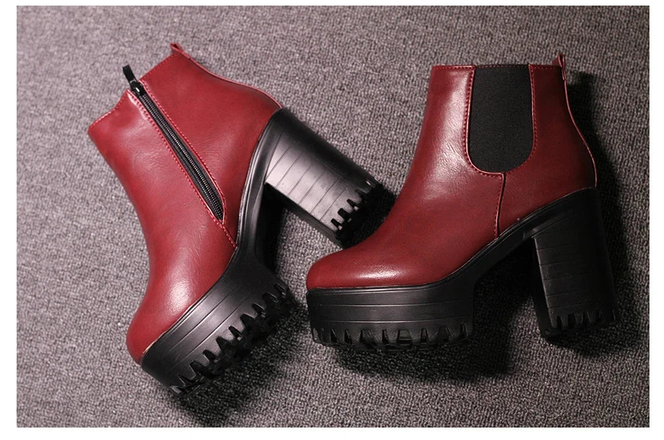 Botas de tacón cuadrado para Mujer, Zapatos con plataforma, de cuero PU, hasta el muslo, para motocicleta