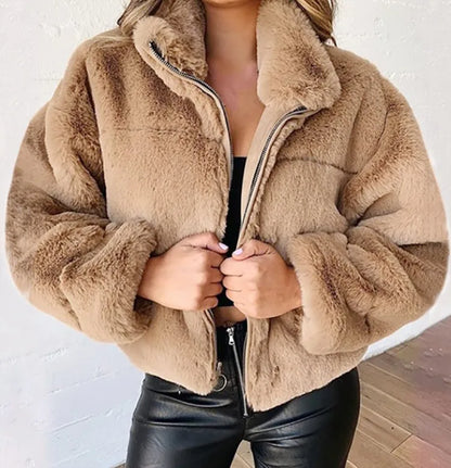 Women's warm winter jacket, zipper cardigan, faux fur, fashion, long sleeve, stand-up collar, plush coat for women
