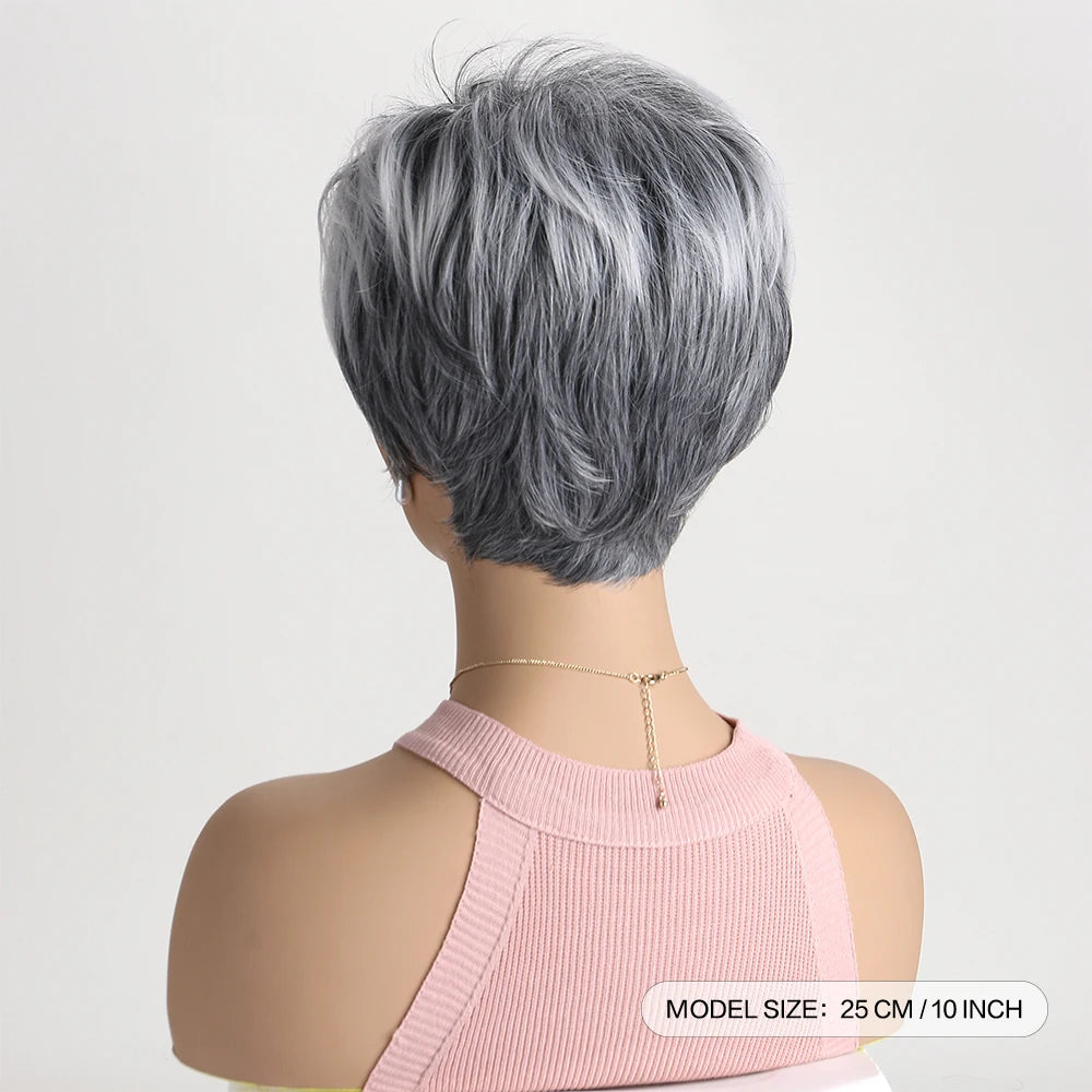 Short natural wigs with bangs, soft hair for mom, daily use, short gray ombre curly synthetic hair, costume party wig for women