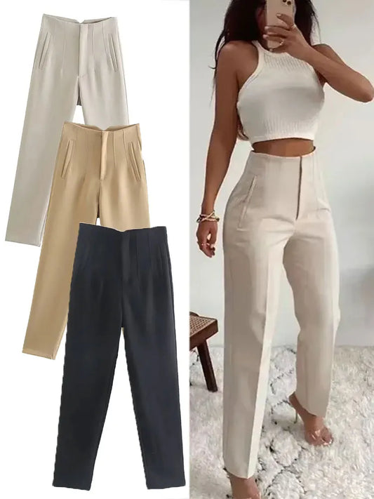 HH, stylish and fashionable skinny pants for women, vintage solid color women's pants, high-waisted skinny pants with zipper, office pants for women