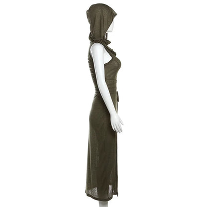 Verano Sexy estilo europeo y americano sin mangas vestido con capucha largo dividido ahueca hacia fuera el vestido de las mujeres de Color puro