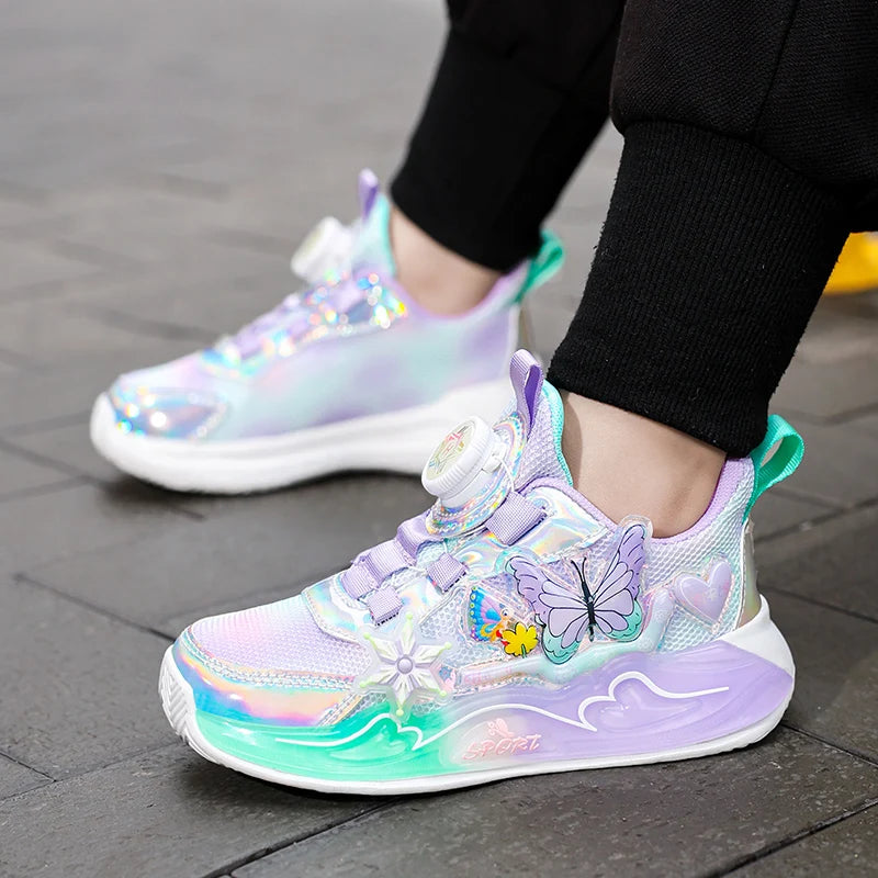 Cute Sneakers for Girls, Pink and Purple Butterfly Print Kids' Shoes, School Athletic Running Trainers, Girls' Sports Shoes