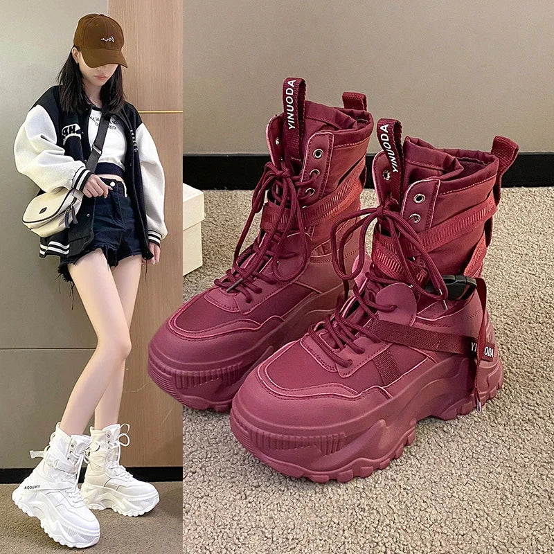 Botas De moto con plataforma gruesa para Mujer, zapatos blancos con cordones y parte inferior gruesa, botines De Mujer para Otoño e Invierno