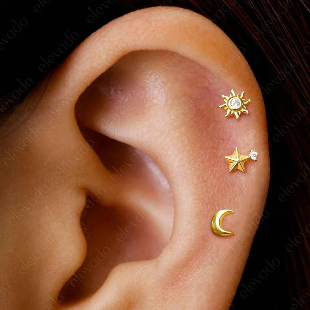 Pendientes de acero inoxidable con forma de estrella, Luna y sol para mujer, uso diario Simple, Piercing para cartílago, joyería Punk Unisex Rock, 1 ud.