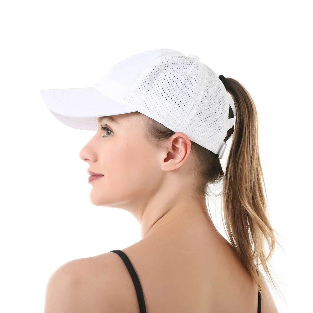 Gorra de béisbol de Color liso para mujer, sombrero de cola de caballo cruzada, malla de secado rápido, visera, Verano