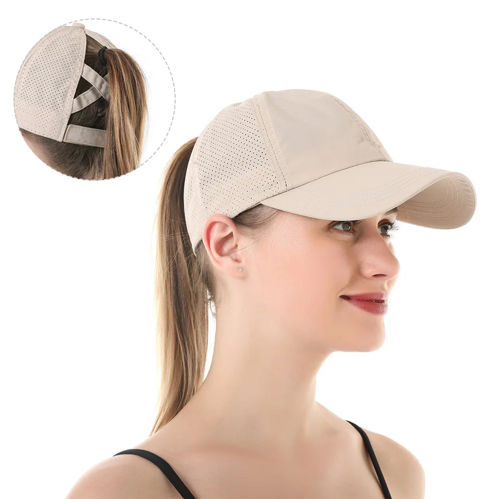 Gorra de béisbol de Color liso para mujer, sombrero de cola de caballo cruzada, malla de secado rápido, visera, Verano