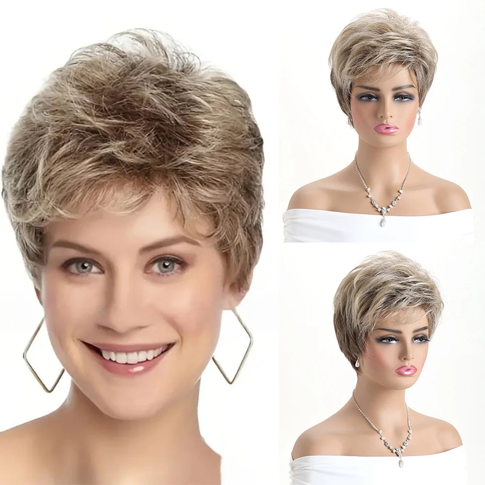 Short natural wigs with bangs, soft hair for mom, daily use, short gray ombre curly synthetic hair, costume party wig for women