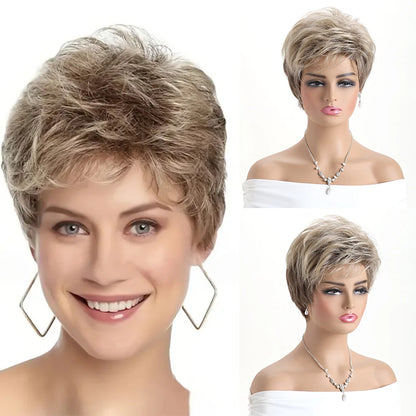 Short natural wigs with bangs, soft hair for mom, daily use, short gray ombre curly synthetic hair, costume party wig for women