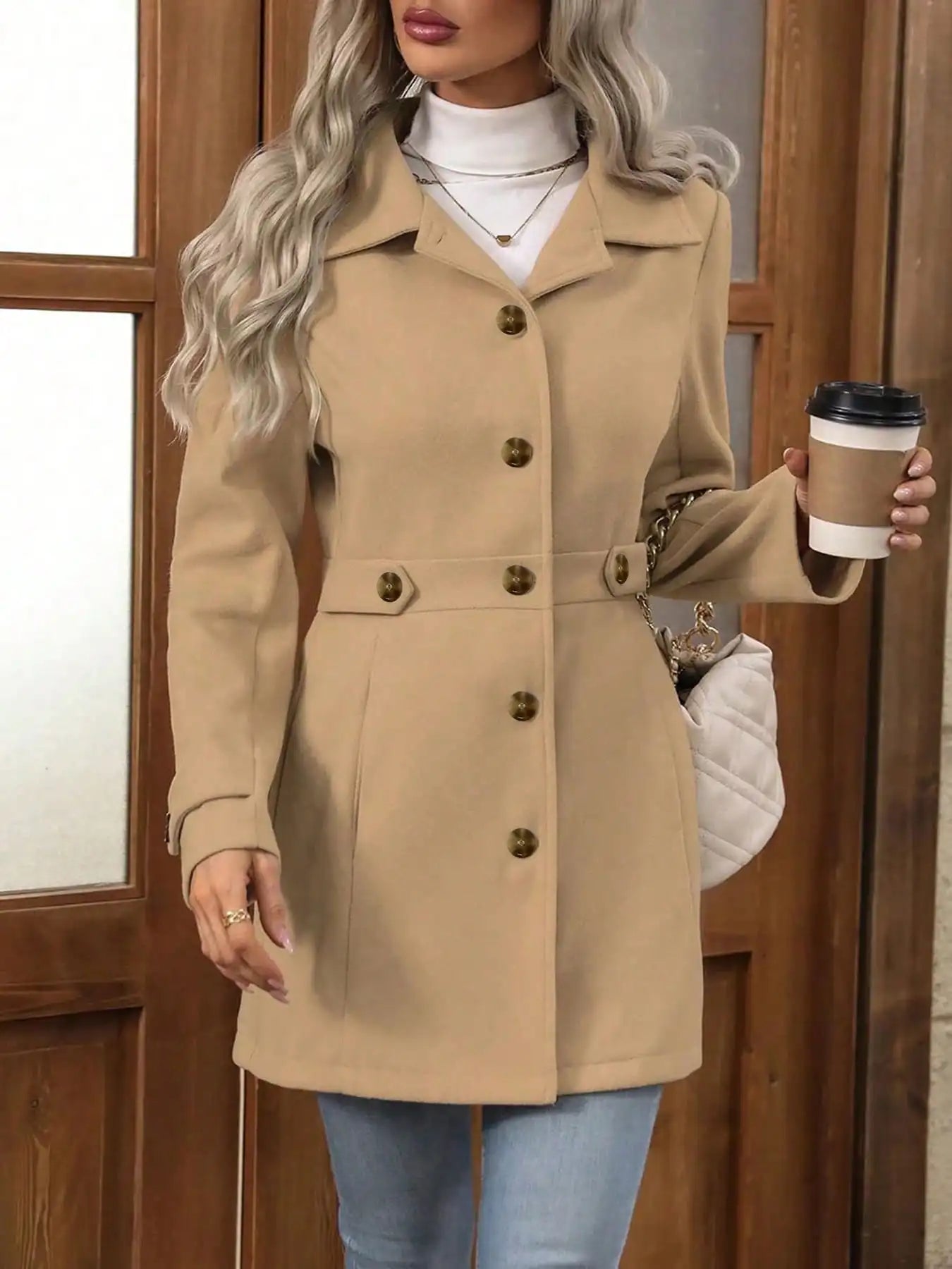 Abrigo de lana elegante de talla grande para otoño e invierno: solapa, detalle de botones, ajustado