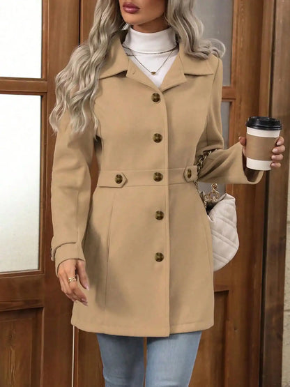 Plus size elegant wool coat for autumn and winter: lapel, button detail, fitted