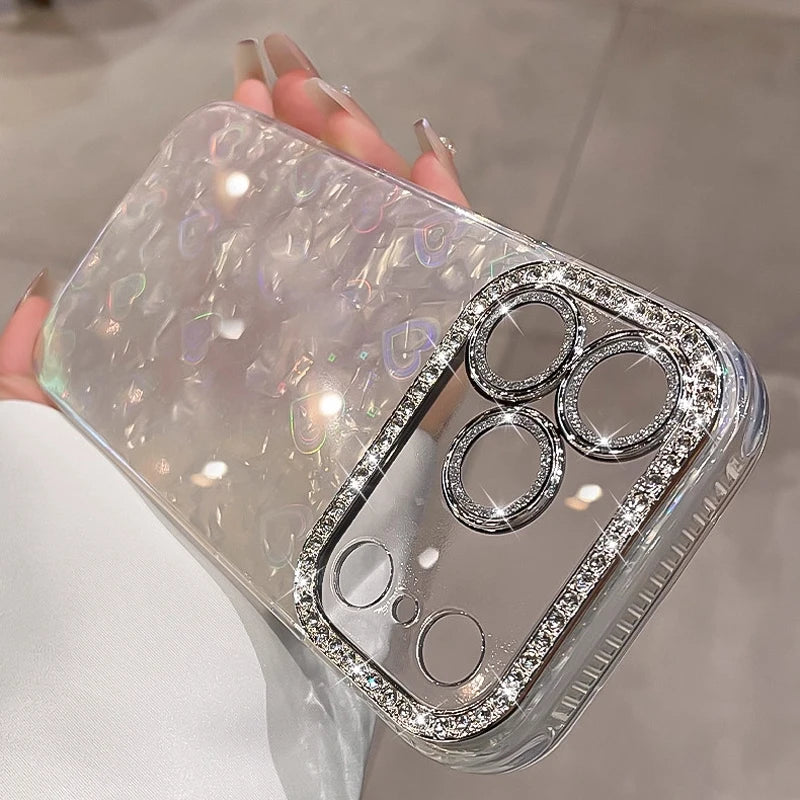 Funda de teléfono con patrón de carcasa láser de amor de cristal brillante elegante para iphone 17 Air 16 15 14 Plus 13 12 Pro Max cubierta de película de lente suave.