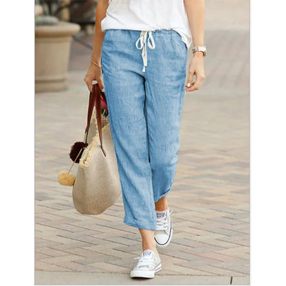 Women's Casual Linen Cotton Trousers, High Waisted Elastic Ankle-Length Solid Color Spring Summer Harem Pants with Pockets