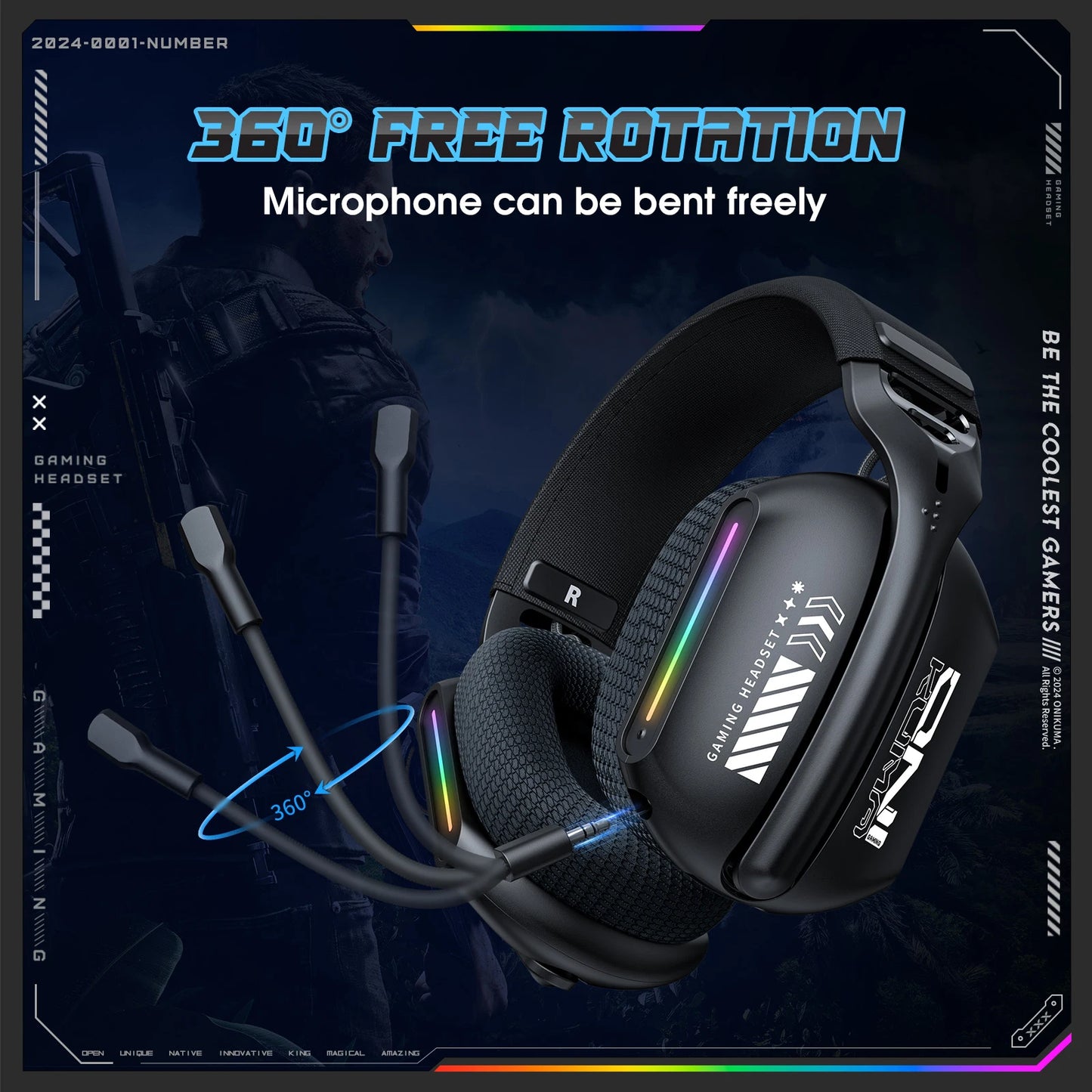 Onikuma Gt808 Tres modos con micrófono E-Sports Auriculares inalámbricos para juegos Iluminación Rgb Compatible con Bluetooth 5.3 / 2.4g / Aux 3,5 mm