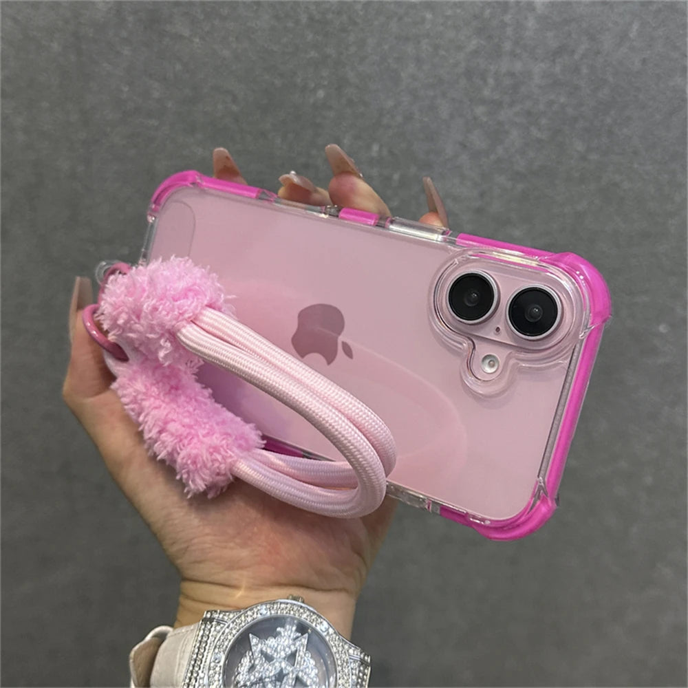 Armadura de parachoques híbrida transparente con correa para la muñeca para iPhone 15 11 12 13 14 16 Pro Max Plus X XS XR cubierta de bolsa de aire a prueba de golpes.