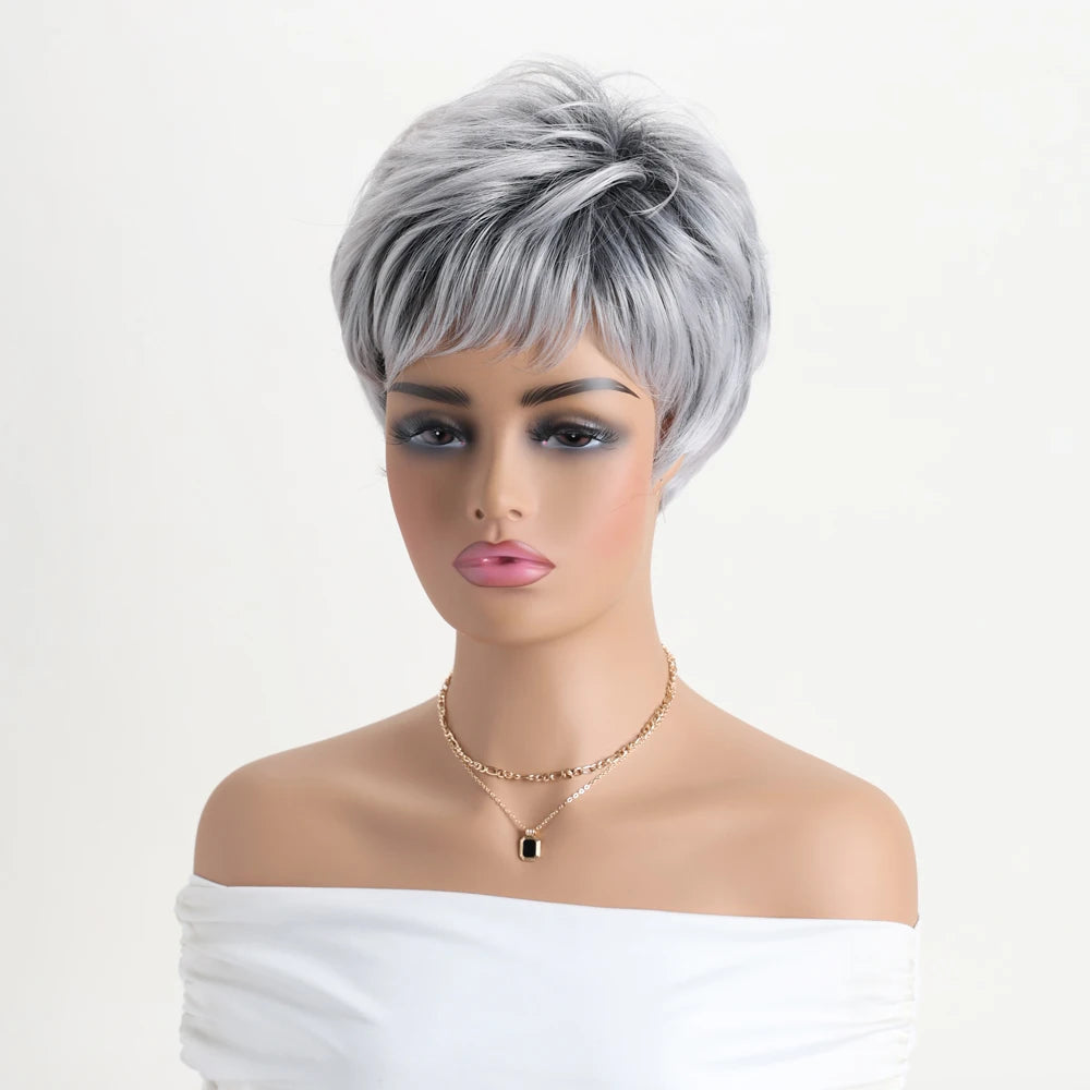 Short natural wigs with bangs, soft hair for mom, daily use, short gray ombre curly synthetic hair, costume party wig for women