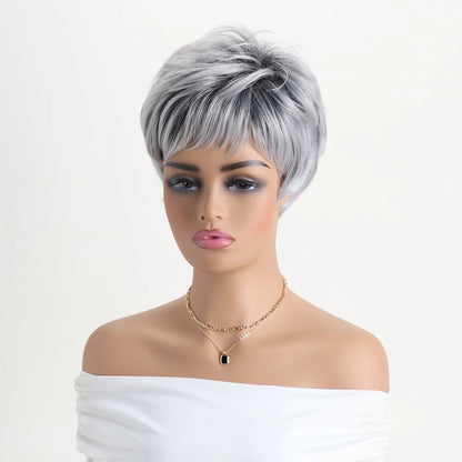 Short natural wigs with bangs, soft hair for mom, daily use, short gray ombre curly synthetic hair, costume party wig for women
