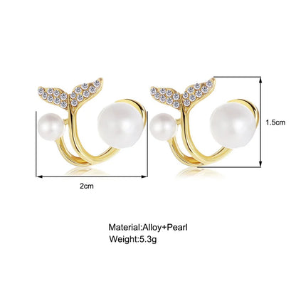 Pendientes coreanos de Metal en forma de corazón, pendientes colgantes en la espalda con perlas de cola de pez para mujeres y niñas, regalo de joyería elegante de cristal 2024