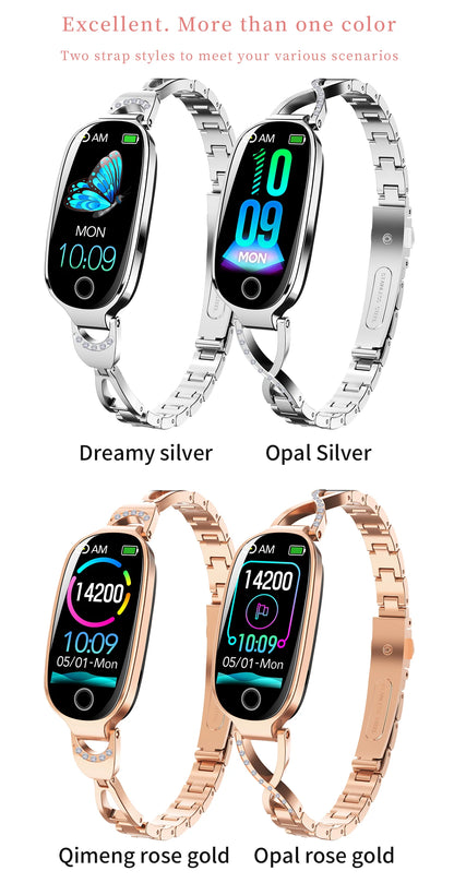Reloj inteligente de moda para mujer con correa de caja de Metal llamadas Bluetooth recordatorio Menstrual femenino Monitor de presión arterial y frecuencia cardíaca