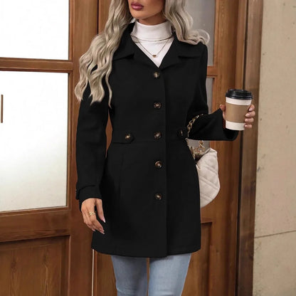 Plus size elegant wool coat for autumn and winter: lapel, button detail, fitted
