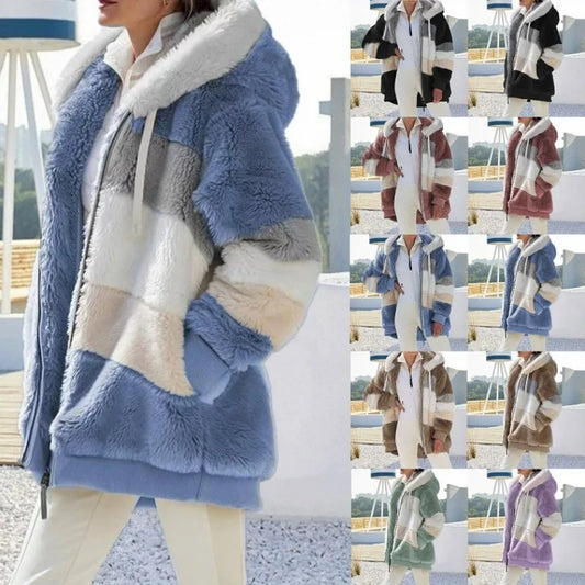 Women's Oversized Jacket, Warm Plush Pocket Hooded Streetwear, Loose Women's Coat, Female Apparel.