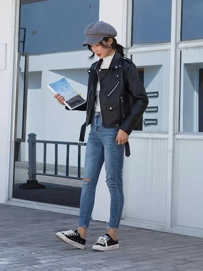 Women's Spring and Autumn American Retro Short PU Motorcycle Slim Leather Jacket