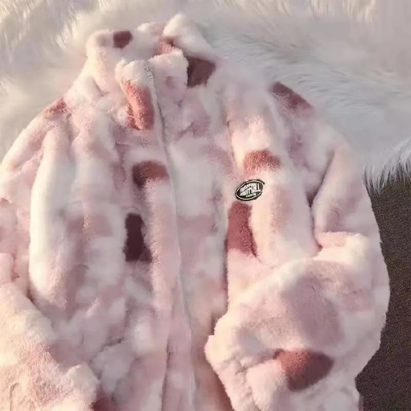 Nueva chaqueta de lana de cordero teñida anudada para mujer, prendas de vestir exteriores con cremallera para otoño e invierno, chaquetas cálidas de felpa, abrigo grueso holgado informal Harajuku para mujer