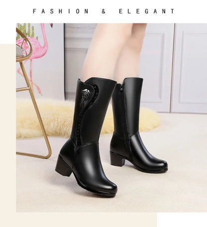 Botas de invierno para Mujer, Botas de nieve cálidas de felpa, Botas de tacón alto a media pantorrilla a la moda para Mujer, Botas de cuero de alta calidad para Mujer