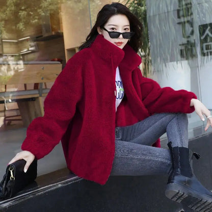 Abrigo cálido de lana Coral doble para mujer, abrigo grueso de felpa con cuello levantado, ropa informal de manga larga con cremallera a la moda para mujer