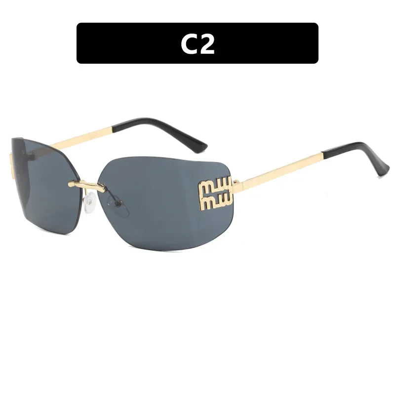 Gafas sin montura de lujo de Metal Funky para mujer, gafas clásicas con remaches de diseñador de marca, gafas de curvas con gradiente rectangular para mujer