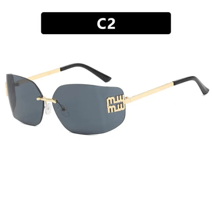 Gafas sin montura de lujo de Metal Funky para mujer, gafas clásicas con remaches de diseñador de marca, gafas de curvas con gradiente rectangular para mujer