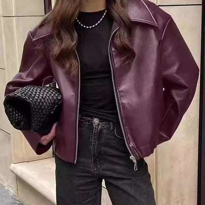 Otoño Invierno chaqueta de cuero Retro 2026 nueva chaqueta de cuero Pu para mujer solapa corta motocicleta abrigo suelto mujer abrigo de cuero de motorista