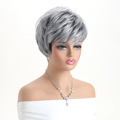 Short natural wigs with bangs, soft hair for mom, daily use, short gray ombre curly synthetic hair, costume party wig for women