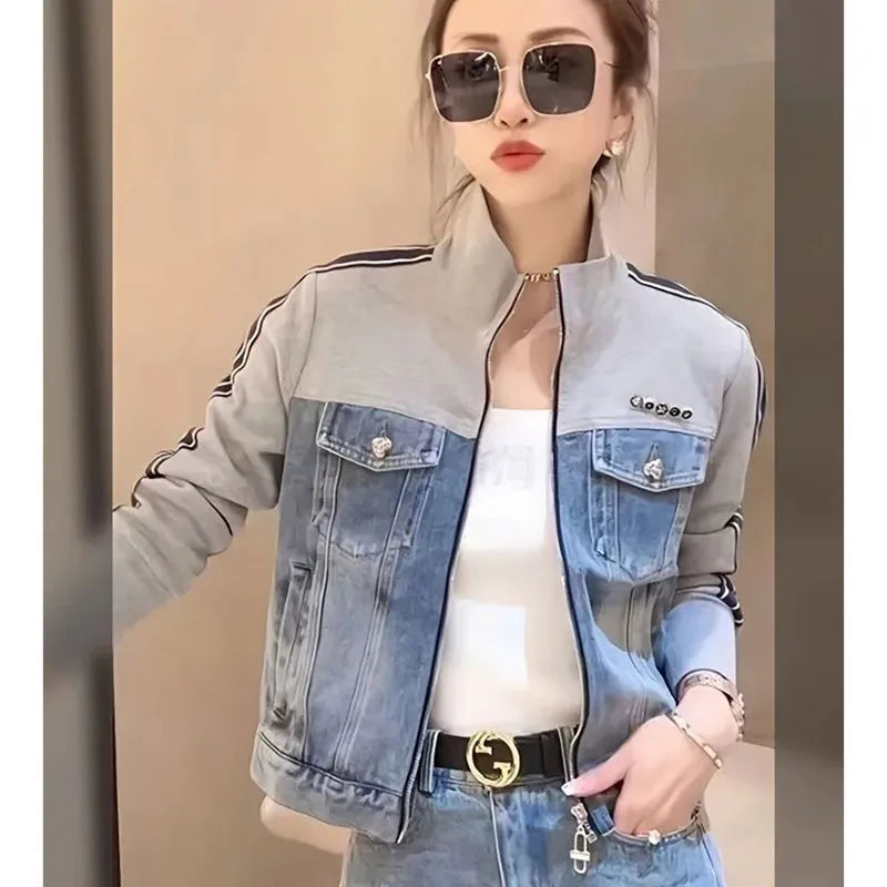 Otoño mujer cuello alto cremallera Denim abrigo coreano señoras Patchwork vaquero prendas de vestir 2025 mujer chaqueta vaquera de manga larga