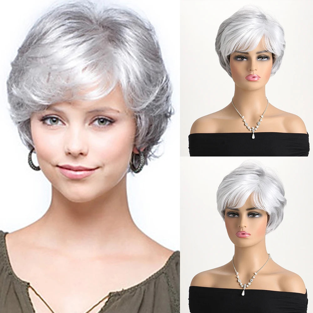Short natural wigs with bangs, soft hair for mom, daily use, short gray ombre curly synthetic hair, costume party wig for women