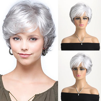 Short natural wigs with bangs, soft hair for mom, daily use, short gray ombre curly synthetic hair, costume party wig for women