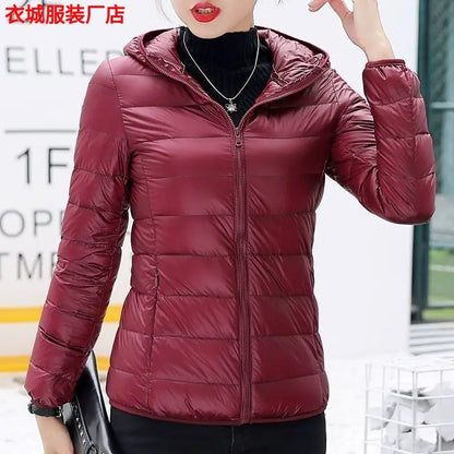 New Women's Hooded Down Jacket, Short, Thick, Warm, Casual, Lightweight, Korean Style, Simple Design