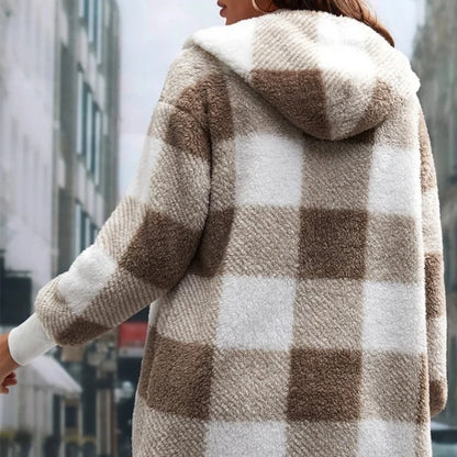 Cárdigan a cuadros de doble lana para mujer, chaqueta suave holgada de manga larga de felpa cálida con capucha, abrigo de retales para mujer, Otoño e Invierno