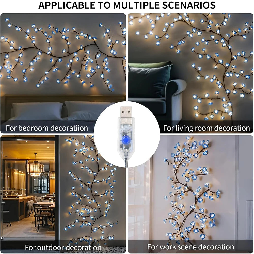 USB Wall Mounted LED Branch Lights, Cherry Blossom Vine Lights, 72 LED, 8 Modes for Indoor Holiday Decoration, Walls, Doors, and Windows