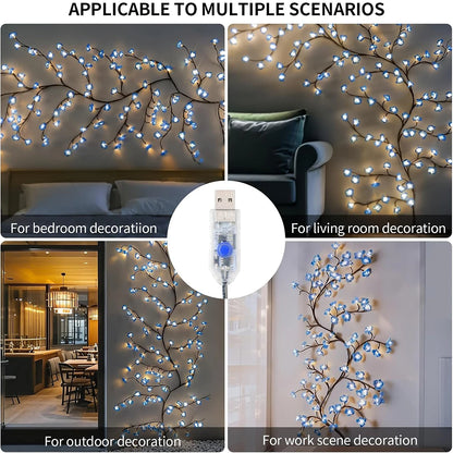 USB Wall Mounted LED Branch Lights, Cherry Blossom Vine Lights, 72 LED, 8 Modes for Indoor Holiday Decoration, Walls, Doors, and Windows
